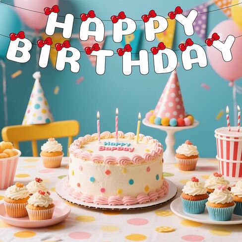 Happy Birthday Banner, Cute Cartoon Party Favors Sweet Red Bow Decorations Girl Happy Birthday Banner Cartoon Themed Party Supplies for Bday Parties in Saudi Arabia