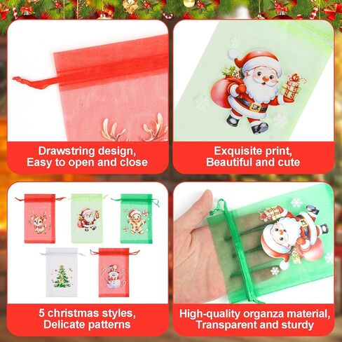 CCINEE 50 PCS Christmas Organza Bags, 4x6 Inch Small Xmas Gift Bags Mesh Drawstring Bag Jewelry Pouches for Christmas New Year Wedding Party Favors in Saudi Arabia