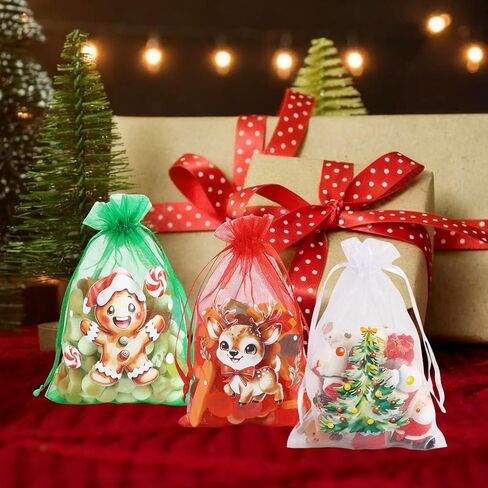 CCINEE 50 PCS Christmas Organza Bags, 4x6 Inch Small Xmas Gift Bags Mesh Drawstring Bag Jewelry Pouches for Christmas New Year Wedding Party Favors in Saudi Arabia