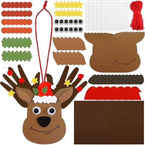 24 Sets Christmas Handprint Elk Decoration Craft Kit with Red Rope Artificial Eyes Christmas Tree Decorations Xmas Crafts for Office Decoration Fun Home Activities in Saudi Arabia