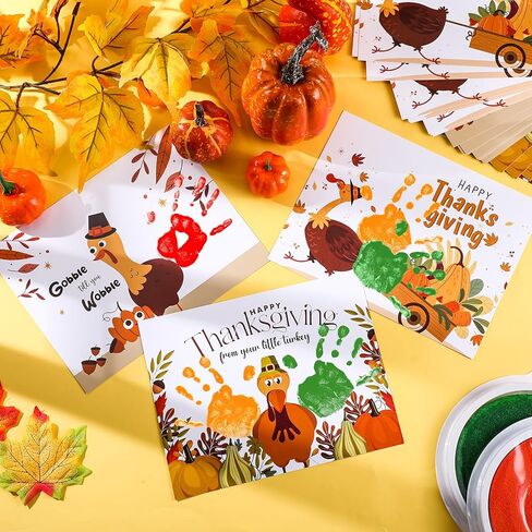 30 Pcs Thanksgiving Handprint Craft Kits Bulk Turkey Crafts for Kids with 3 Pcs Large Ink Pads Fall Thanksgiving Greeting Cards for Holiday Classroom School Activity(Cute) in Saudi Arabia