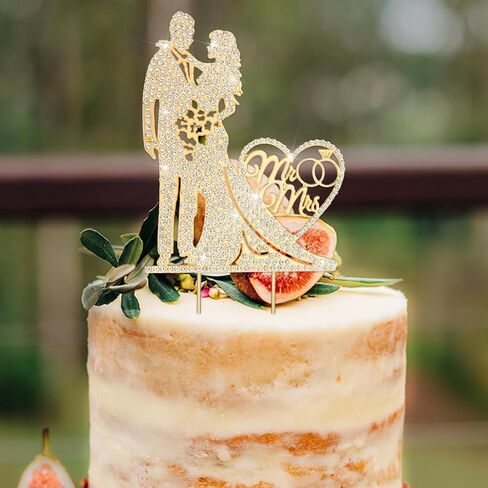 Wedding Cake Toppers Bride and Groom, Rhinestone Metal Mr and Mrs Cake Topper, Elegant Gold Wedding Cake Topper for Bridal Shower, Anniversary, Engagement Party Decorations Supplies in Saudi Arabia