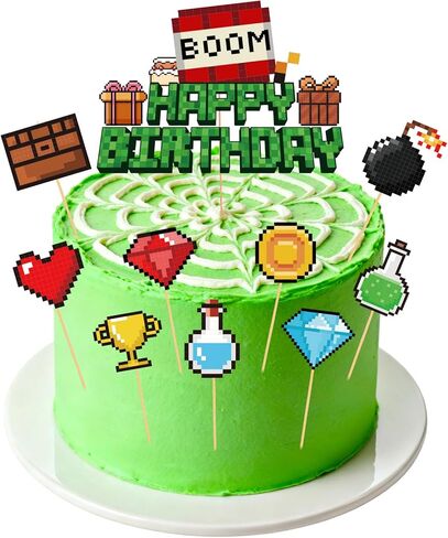 10pcs Pixel Happy Birthday Cake Toppers, Video Game Party Decorations Cute Mosaic Cartoon Cake Toppers for Birthday Party Game Theme Celebrations in Saudi Arabia