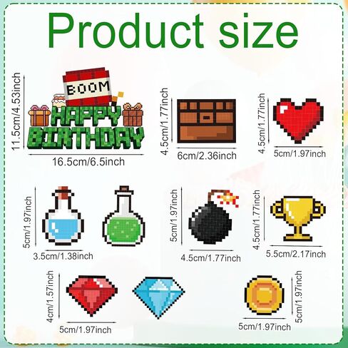 10pcs Pixel Happy Birthday Cake Toppers, Video Game Party Decorations Cute Mosaic Cartoon Cake Toppers for Birthday Party Game Theme Celebrations in Saudi Arabia