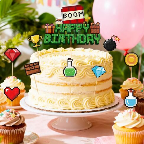 10pcs Pixel Happy Birthday Cake Toppers, Video Game Party Decorations Cute Mosaic Cartoon Cake Toppers for Birthday Party Game Theme Celebrations in Saudi Arabia