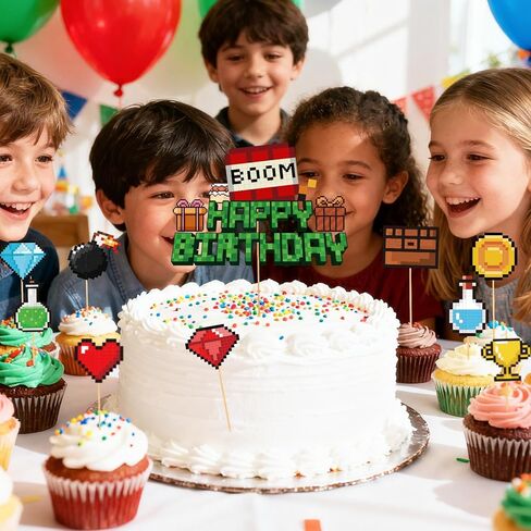 10pcs Pixel Happy Birthday Cake Toppers, Video Game Party Decorations Cute Mosaic Cartoon Cake Toppers for Birthday Party Game Theme Celebrations in Saudi Arabia