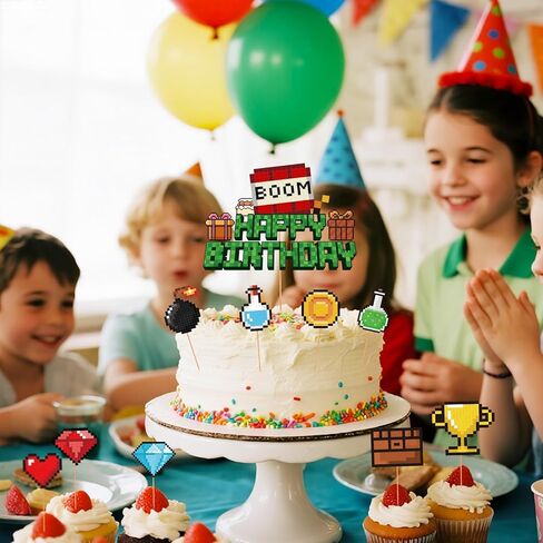 10pcs Pixel Happy Birthday Cake Toppers, Video Game Party Decorations Cute Mosaic Cartoon Cake Toppers for Birthday Party Game Theme Celebrations in Saudi Arabia