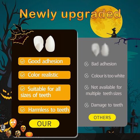 أنياب أسنان مصاصي الدماء من إيفلين، 3 أحجام لأنياب مصاصي الدماء للبالغين، أسنان مصاصي الدماء الواقعية للهالوين وناب مزيف مع لاصق مطور قابل لإعادة الاستخدام (13 مم، 17 مم، 19 مم) in Kuwait