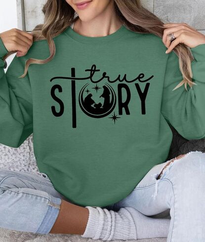LOTUCY Christmas True Story Sweatshirt Women: Xmas Christian Shirt Jesus Faith Pullover Christ Crewneck Long Sleeve Shirt in Kuwait