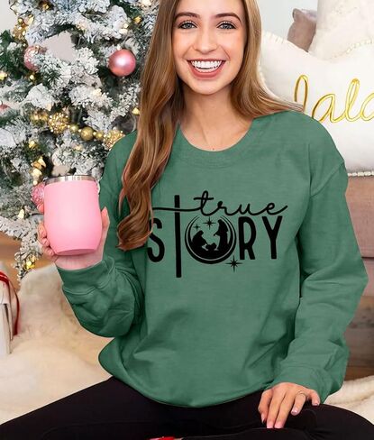LOTUCY Christmas True Story Sweatshirt Women: Xmas Christian Shirt Jesus Faith Pullover Christ Crewneck Long Sleeve Shirt in Kuwait