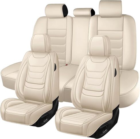 أغطية مقاعد السيارة لسيارة Toyota Sequoia 2001-2025، مجموعة كاملة من أغطية مقاعد جلد نابا الفاخرة، واقيات المقعد الخلفي الأمامي مقاومة للماء ومضادة للانزلاق (مجموعة كاملة قياسية / بيج) in Kuwait