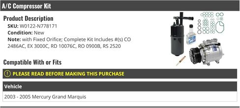 A/C Compressor Kit - Compatible with 2003-2005 Mercury Grand Marquis (with Fixed Orifice) in Saudi Arabia