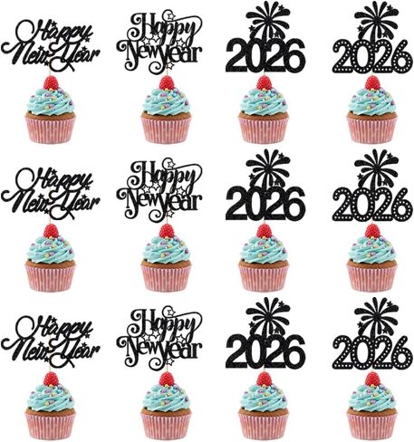 12 قطعة من أعلى الكب كيك 2026 سنة جديدة سعيدة، مرحبًا بك 2026 أسود لامع مرحبًا 2026 كعكة اختيار هتافات إلى 2026 ديكورات، ليلة رأس السنة الجديدة/العام الجديد/عيد الميلاد وحفلات العطلات الشتوية in Kuwait