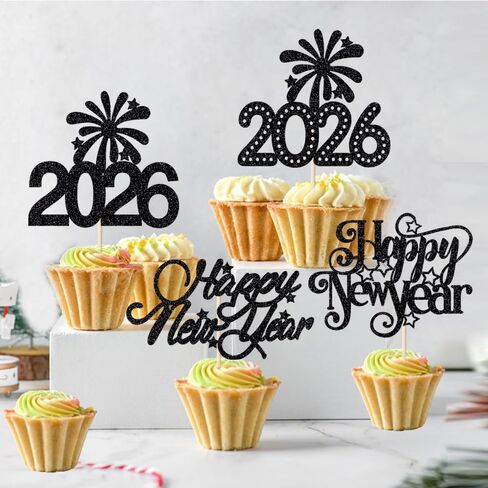 12 قطعة من أعلى الكب كيك 2026 سنة جديدة سعيدة، مرحبًا بك 2026 أسود لامع مرحبًا 2026 كعكة اختيار هتافات إلى 2026 ديكورات، ليلة رأس السنة الجديدة/العام الجديد/عيد الميلاد وحفلات العطلات الشتوية in Kuwait