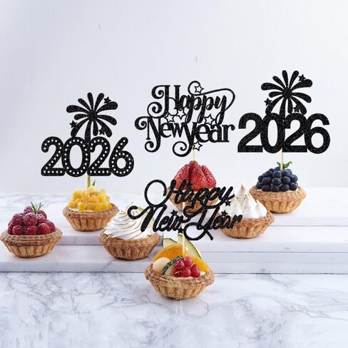 12 قطعة من أعلى الكب كيك 2026 سنة جديدة سعيدة، مرحبًا بك 2026 أسود لامع مرحبًا 2026 كعكة اختيار هتافات إلى 2026 ديكورات، ليلة رأس السنة الجديدة/العام الجديد/عيد الميلاد وحفلات العطلات الشتوية in Kuwait