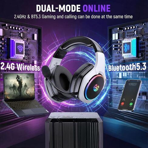 سماعة رأس لاسلكية للألعاب بتردد 2.4 جيجا هرتز لمدة 40 ساعة+، سماعة رأس لاسلكية Bluetooth 5.3 مع ميكروفون ENC قابل للتعديل بزاوية 360 درجة، سماعات رأس للألعاب لأجهزة Ps5 وPs4 والكمبيوتر الشخصي والتبديل والهاتف in Kuwait