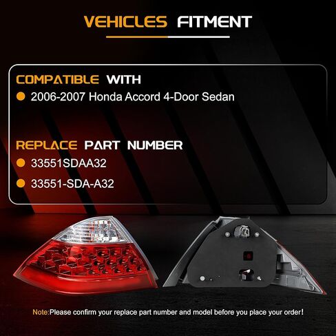 Tail Light Assembly Compatible With 2006-2007 Honda Accord Sedan - Bulb Included (Left Driver Side) 33551-SDA-A32 in Saudi Arabia