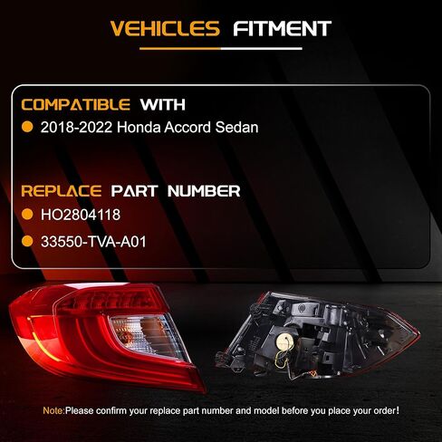 مجموعة مصابيح الذيل متوافقة مع سيارة هوندا أكورد سيدان 2006-2007 - لمبة متضمنة (جانب السائق الأيسر) 33551-SDA-A32 in Kuwait