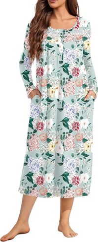 Ekouaer Long Sleeve Nightgowns for Women Long Sleepshirts Button Night Gowns Sleepwear Full Length Sleep Dress with Pockets in Kuwait