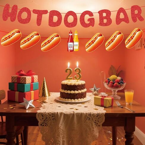 Hotdog Bar Birthday Banner - Glitter Hot dog Sign Party Decor, 350gsm Premium Hot Dog Birthday Party Decoration Supplies for All Ages in Saudi Arabia