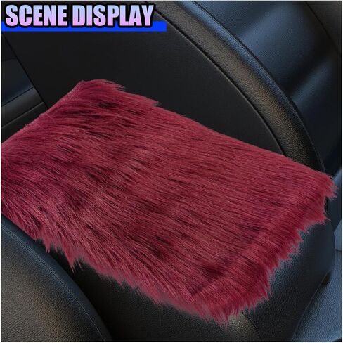 Fluffy Car Center Console Cover - 11.69" x 7.91" Winter Warm & Furry Armrest Cover for Cars - Soft Faux Sheepskin Wool Middle Console Pad Car Armrest Seat Box Cushion Protector (Burgundy) in Saudi Arabia