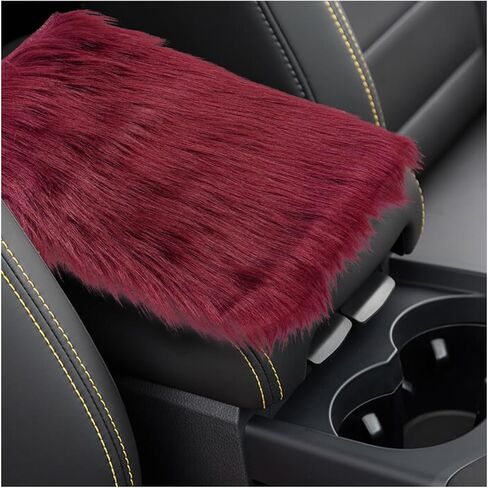 Fluffy Car Center Console Cover - 11.69" x 7.91" Winter Warm & Furry Armrest Cover for Cars - Soft Faux Sheepskin Wool Middle Console Pad Car Armrest Seat Box Cushion Protector (Burgundy) in Saudi Arabia