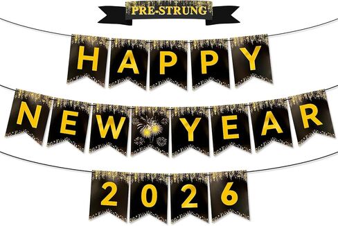 Happy New Year Banner Glitter, NO DIY | New Years Eve Party Decorations Supplies 2026, Black and Gold Happy New Year 2026 for New Years Decorations in Saudi Arabia