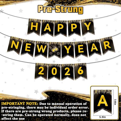 Happy New Year Banner Glitter, NO DIY | New Years Eve Party Decorations Supplies 2026, Black and Gold Happy New Year 2026 for New Years Decorations in Saudi Arabia