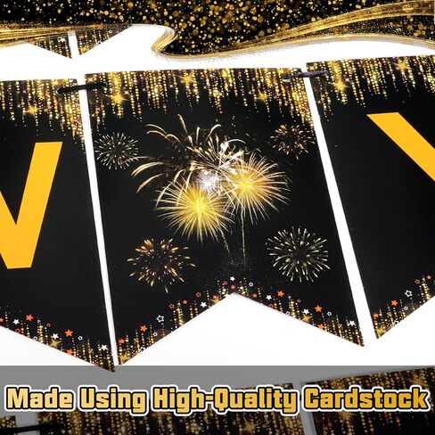 Happy New Year Banner Glitter, NO DIY | New Years Eve Party Decorations Supplies 2026, Black and Gold Happy New Year 2026 for New Years Decorations in Saudi Arabia