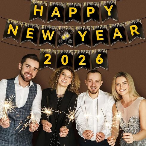 Happy New Year Banner Glitter, NO DIY | New Years Eve Party Decorations Supplies 2026, Black and Gold Happy New Year 2026 for New Years Decorations in Saudi Arabia