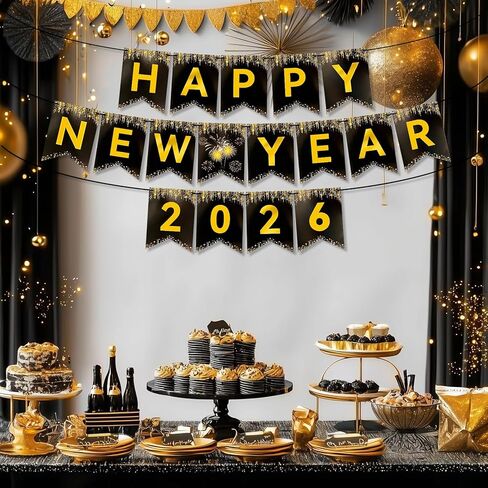 Happy New Year Banner Glitter, NO DIY | New Years Eve Party Decorations Supplies 2026, Black and Gold Happy New Year 2026 for New Years Decorations in Saudi Arabia
