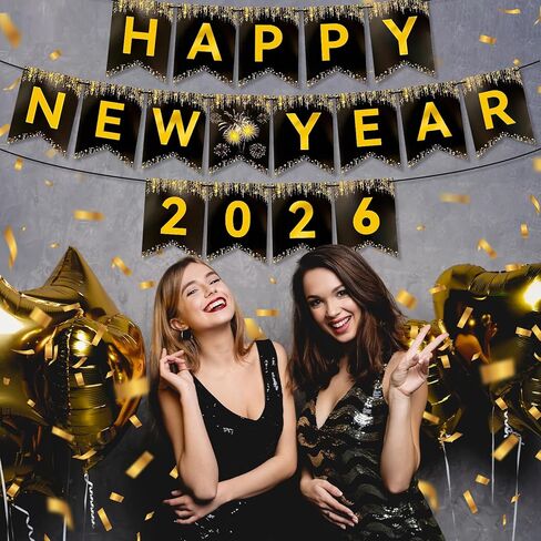 Happy New Year Banner Glitter, NO DIY | New Years Eve Party Decorations Supplies 2026, Black and Gold Happy New Year 2026 for New Years Decorations in Saudi Arabia