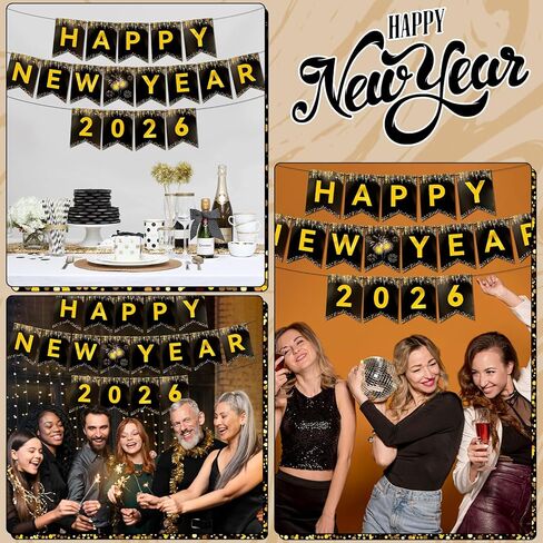 Happy New Year Banner Glitter, NO DIY | New Years Eve Party Decorations Supplies 2026, Black and Gold Happy New Year 2026 for New Years Decorations in Saudi Arabia
