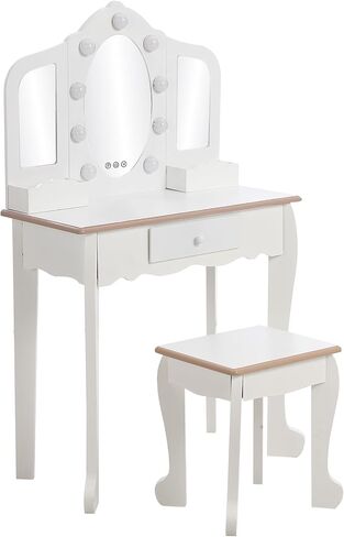Kids Vanity Table and Chair Set, Girls Makeup Vanity Set with Stool and 3 Mirrors, Wood Dressing Table with Adjustable LED Lighting and Drawer, Pretend Play Vanity Set for Little Girls, White in Saudi Arabia