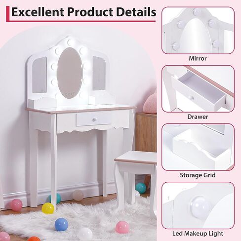 Kids Vanity Table and Chair Set, Girls Makeup Vanity Set with Stool and 3 Mirrors, Wood Dressing Table with Adjustable LED Lighting and Drawer, Pretend Play Vanity Set for Little Girls, White in Saudi Arabia