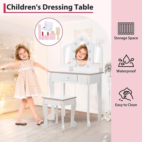 Kids Vanity Table and Chair Set, Girls Makeup Vanity Set with Stool and 3 Mirrors, Wood Dressing Table with Adjustable LED Lighting and Drawer, Pretend Play Vanity Set for Little Girls, White in Saudi Arabia