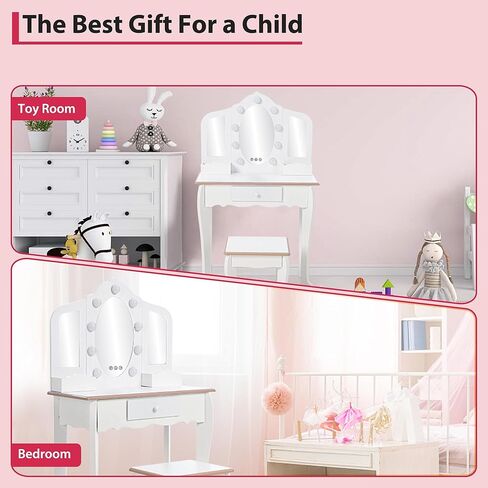 Kids Vanity Table and Chair Set, Girls Makeup Vanity Set with Stool and 3 Mirrors, Wood Dressing Table with Adjustable LED Lighting and Drawer, Pretend Play Vanity Set for Little Girls, White in Saudi Arabia