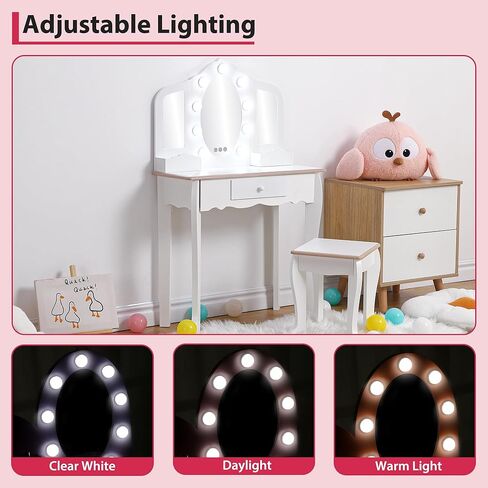 Kids Vanity Table and Chair Set, Girls Makeup Vanity Set with Stool and 3 Mirrors, Wood Dressing Table with Adjustable LED Lighting and Drawer, Pretend Play Vanity Set for Little Girls, White in Saudi Arabia