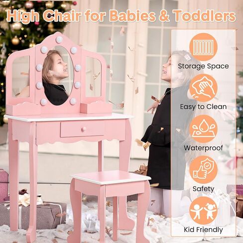 Kids Vanity Table and Chair Set, Girls Makeup Vanity Set with Stool and 3 Mirrors, Wood Dressing Table with Adjustable LED Lighting and Drawer, Pretend Play Vanity Set for Little Girls, White in Saudi Arabia