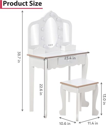 Kids Vanity Table and Chair Set, Girls Makeup Vanity Set with Stool and 3 Mirrors, Wood Dressing Table with Adjustable LED Lighting and Drawer, Pretend Play Vanity Set for Little Girls, White in Saudi Arabia