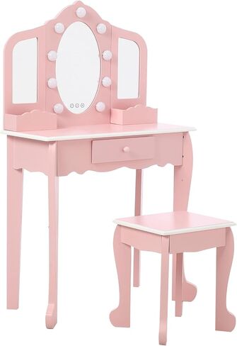 Kids Vanity Table and Chair Set, Girls Makeup Vanity Set with Stool and 3 Mirrors, Wood Dressing Table with Adjustable LED Lighting and Drawer, Pretend Play Vanity Set for Little Girls, White in Kuwait