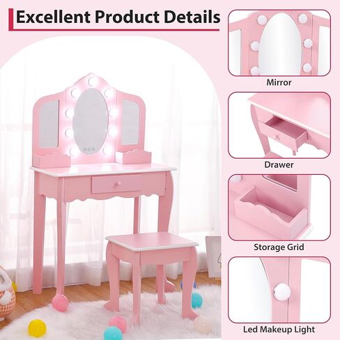 Kids Vanity Table and Chair Set, Girls Makeup Vanity Set with Stool and 3 Mirrors, Wood Dressing Table with Adjustable LED Lighting and Drawer, Pretend Play Vanity Set for Little Girls, White in Kuwait