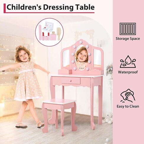 Kids Vanity Table and Chair Set, Girls Makeup Vanity Set with Stool and 3 Mirrors, Wood Dressing Table with Adjustable LED Lighting and Drawer, Pretend Play Vanity Set for Little Girls, White in Kuwait