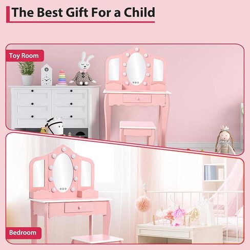 Kids Vanity Table and Chair Set, Girls Makeup Vanity Set with Stool and 3 Mirrors, Wood Dressing Table with Adjustable LED Lighting and Drawer, Pretend Play Vanity Set for Little Girls, White in Kuwait