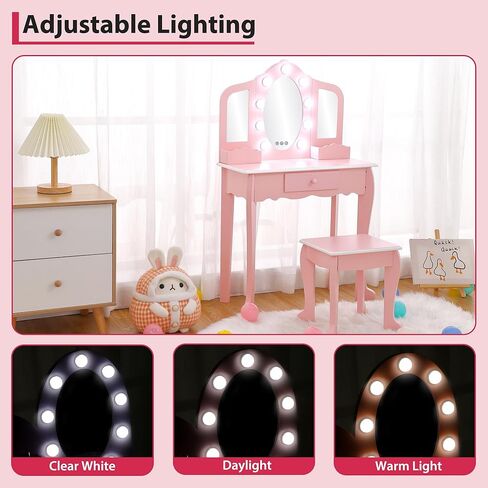 Kids Vanity Table and Chair Set, Girls Makeup Vanity Set with Stool and 3 Mirrors, Wood Dressing Table with Adjustable LED Lighting and Drawer, Pretend Play Vanity Set for Little Girls, White in Kuwait