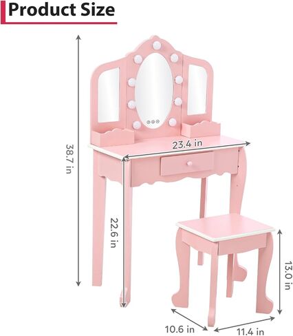 Kids Vanity Table and Chair Set, Girls Makeup Vanity Set with Stool and 3 Mirrors, Wood Dressing Table with Adjustable LED Lighting and Drawer, Pretend Play Vanity Set for Little Girls, White in Kuwait