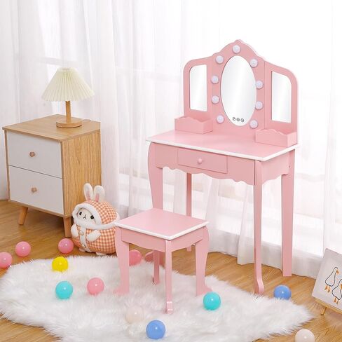 Kids Vanity Table and Chair Set, Girls Makeup Vanity Set with Stool and 3 Mirrors, Wood Dressing Table with Adjustable LED Lighting and Drawer, Pretend Play Vanity Set for Little Girls, White in Kuwait