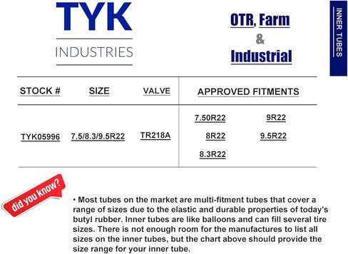 Two 7.5-22, 8-22, 8.3-22, 9-22, 9.5-22 Tractor Tire Inner Tubes with TR218A Valve Stems for use in Radial or Bias Tires by TYK Industries in Saudi Arabia
