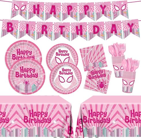 170pcs Pink Spider Birthday Party Plates Napkins Paper Super Girl Cups Banner Disposable Tablecloth Tableware Set Good for Birthday Party Supplies Decorations Serves 24 Guests in Saudi Arabia