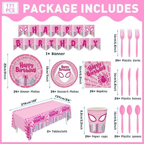 170pcs Pink Spider Birthday Party Plates Napkins Paper Super Girl Cups Banner Disposable Tablecloth Tableware Set Good for Birthday Party Supplies Decorations Serves 24 Guests in Saudi Arabia
